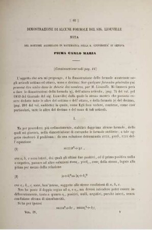 Dimostrazione di alcune formole del sig. liouville nota del dottore aggregato in matematica nella r. universita' di genova (Continuazione vedi pag. 14).