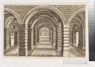 Blick in eine rustika Pfeilerhalle, die von Wasser...