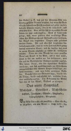 Das vierte Hauptstück. Wahrheit, Gewißheit, Wahrscheinlichkeit, Irrthum; Glaube, Unglaube, Leichtgläubigkeit, Aberglaube.