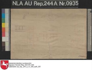 Ansicht- und Grundrißkarte der Erweiterung des Badehauses auf NORDERNEY Kolorierte Zeichnung von H. Blohm Papier auf Leinen Format 36,2x24,0 M 1:200