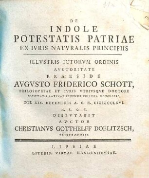 De indole potestatis patriae ex iuris naturalis principiis