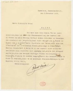 Brief an B. Schott's Söhne : 09.11.1914