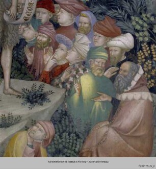 Szenen aus dem Leben Johannes des Täufers, Kreuzigung und Madonna mit verschiedenen Heiligen : Predigt Johannes des Täufers in der Wüste