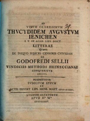 Ad V. Cl. Thuc. Aug. Ienichen ... litterae