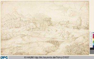 Hügelige Landschaft mit einem Fluss, einem Kastell und einem Dorf
