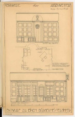 Bürgermeisterzimmer Monatskonkurrenz November 1915: Grundriss 1:50; Aufriss Längswand, Stirnwand 1:25; Maßstabsleiste