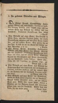 I. An goldenen Medaillen und Münzen.