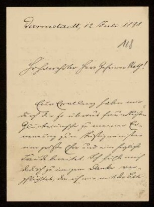 118: Brief von Gustav Dittmar an Gottlieb Planck, Darmstadt, 12.7.1898