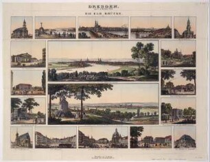 Ansichten der Stadt Dresden, kolor., Radierung, 1835 : Dresden : die Elb-Brücke / von C. A. Richter. - Dresden ; Leipzig : Arnold , [ca. 1835]. - 18 Ansichten auf 1 Kunstbl. : color. Stich ; Blattgr. 47 x 34 cm