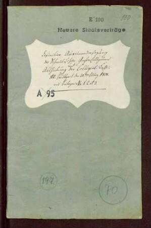Übereinkunft zwischen Bayern, Württemberg und Baden über die endgültige Auseinandersetzung des schwäbischen Grafenkollegiums und die Aufteilung der Kollegialkasse, 1808.