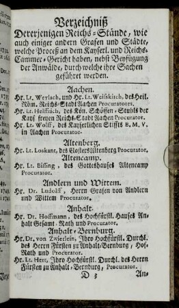 Verzeichniß Dererjenigen Reichs-Stände, wie auch einiger andern Grafen und Städte, welche Proceß...haben, nebst Beyfügung der Anwälde,[...]