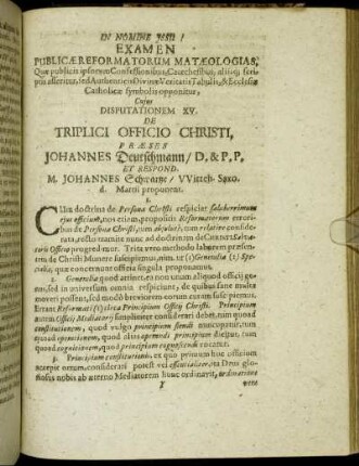 Disputationem XV. De Triplici Officio Christi