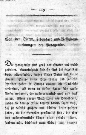 Von den Sitten, Lebensart und Religionsmeinungen der Patagonier