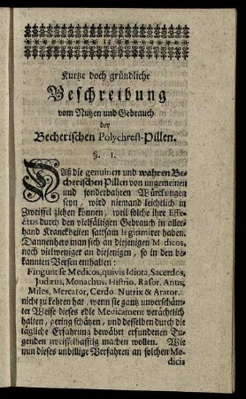 Kurtze doch gründliche Beschreibung vom Nutzen und Gebrauch der Becherischen Polychrest- Pillen.