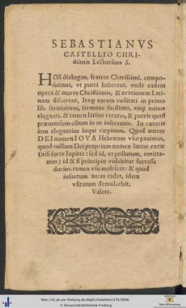 SEBASTIANUS CASATELLIO CHRIstianis Lectoribus Salutem