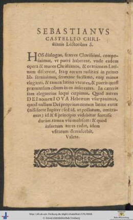 SEBASTIANUS CASATELLIO CHRIstianis Lectoribus Salutem