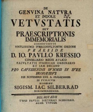 De Genvina Natvra Et Indole Vetvstatis Sev Praescriptionis Immemorialis