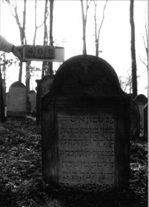 Grabstein 468 (Index: 100115545) Material: Sandstein Zustand: verwittert Beschreibung: Stele mit Abdeckplatte mit eingezogenem Rundbogenabschluß, eingetieftes Schriftfeld Symbolik: Levitenkanne Besonderheit: keine Maßangaben: Grabstein 468