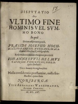 Disp. de ultimo fine hominis vel summo bono