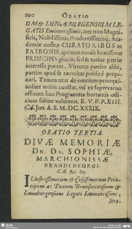 Oratio Tertia. Divae Memoriae Dn. Dn. Sophiae, Marchionissae Brandenburgicae &c. &c.