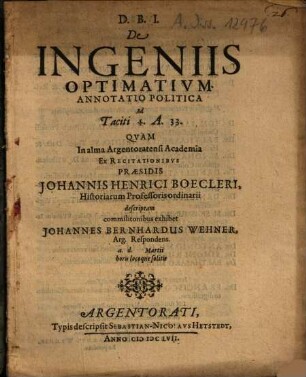 De Ingeniis Optimatium Annotatio Politica : Ad Taciti 4. A. 33.