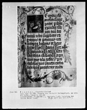 Fünfbändiges Missale von Berthold Furtmeyr — Erster Band — Initiale T (e igitur), darin Anbetung des Kindes durch Engel, Folio 18recto