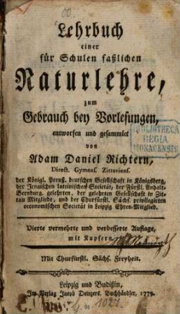 Lehrbuch einer für Schulen faßlichen Naturlehre : zum Gebrauch bey Vorlesungen