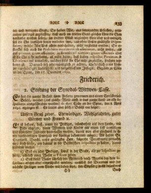 2. Stiftung der Synodal-Wittwen-Casse