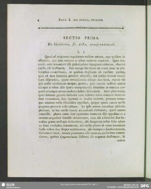Sectio Prima. De Idealismo, sic dicto, transcendentali