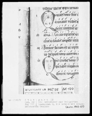 Monastisches Antiphonale — Initiale Q (uis) mit eingezeichnetem Gesicht, Folio 177recto