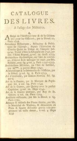 Catalogue Des Livres. A l'usage des Militaires