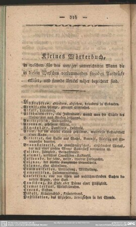 Kleines Wörterbuch, in welchem für den weniger unterrichteten Mann die in diesem Werkchen vorkommenden fremden Ausdrücke erklärt, und fremde Artikel näher bezeichnet sind