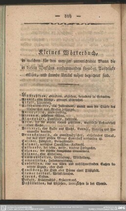 Kleines Wörterbuch, in welchem für den weniger unterrichteten Mann die in diesem Werkchen vorkommenden fremden Ausdrücke erklärt, und fremde Artikel näher bezeichnet sind