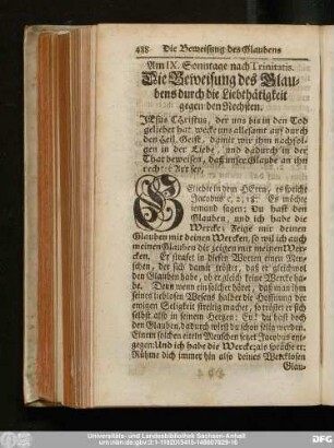 Am IX. Sonntage nach Trinitatis. Die Beweisung des Glaubens durch die Liebthätigkeit gegen den Nechsten.