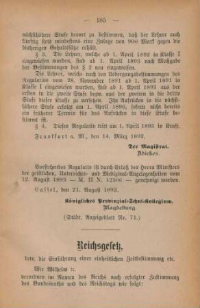 Reichsgesetz, betr. die Einführung einer einheitlichen Zeitbestimmung etc.