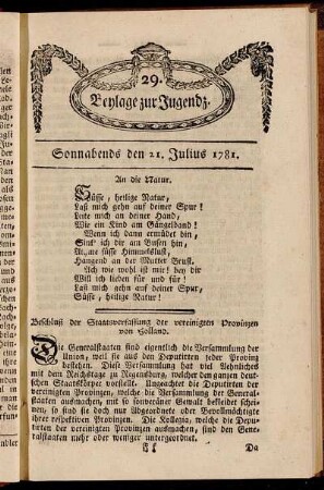 29. Beylage zur Jugendz. Sonnabends den 21. Julius 1781