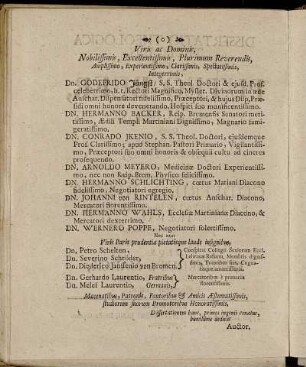 Viris ac Dominic, Nobilissimis, [...] Dn. Godefrido Jüngst, [...]. Dn. Hermanno Backer, [...]. Dn. Conrado Jkenio, [...]. Arnoldo Meyro, [...]