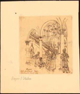 Kreisamtspalast, Ragusa: Durchzeichnung: Perspektivische Ansicht des Innenhofes mit orientalischer (?) Figurenstaffage, nach Über Land und Meer, 1875, S. 768