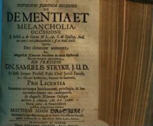 Disputatio juridica solennis de dementia et melancholia