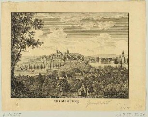 Stadtansicht von Waldenburg in Sachsen von Südosten über die Zwickauer Mulde gesehen, rechts das Schloss