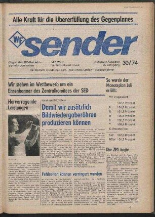 Betriebszeitung 'WF-Sender', Nr.30/1974 (2. Augustausgabe 1974)