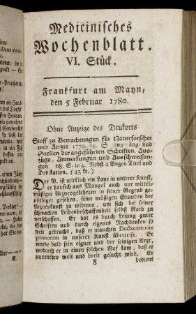 VI. Stück. Frankfurt am Mayn, den 5 Februar 1780. - IX. Stück. Frankfurt am Mayn, den 26 Februar 1780.