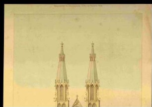 Entwurf für eine fiktive Katholische Kirche, Westportal mit Maßwerkrosette und Kirchtürmen