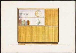 Wohnzimmerschrank, Unterteil dreitürig, Oberteil zwei Glasschiebetüren, eine Holztür