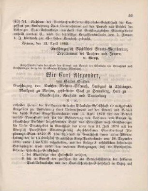 43. Ministerial-Bekanntmachung, die Konzessionirung der Nordhausen-Erfurter Eisenbahn-Gesellschaft zur Ausdehnung ihres Unternehmens auf den Erwerb und Betrieb der Saal-Unstrutbahn betreffend