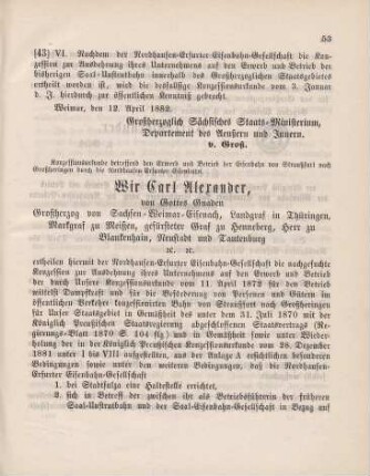 43. Ministerial-Bekanntmachung, die Konzessionirung der Nordhausen-Erfurter Eisenbahn-Gesellschaft zur Ausdehnung ihres Unternehmens auf den Erwerb und Betrieb der Saal-Unstrutbahn betreffend