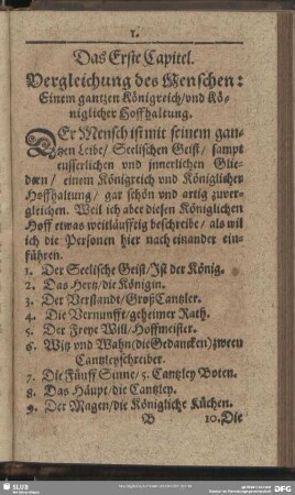 Das Erste Capitel. Vergleichung des Menschen: Einem gantzen Königreich, und Königlicher Hoffhaltung