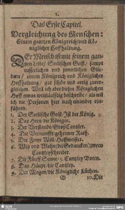 Das Erste Capitel. Vergleichung des Menschen: Einem gantzen Königreich, und Königlicher Hoffhaltung