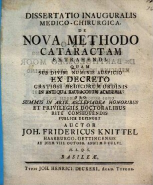 Dissertatio Inauguralis Medico-Chirurgica. De Nova Methodo Cataractam Extrahendi