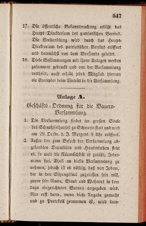 Anlage A. Geschäfts-Ordnung für die Bauern-Versammlung